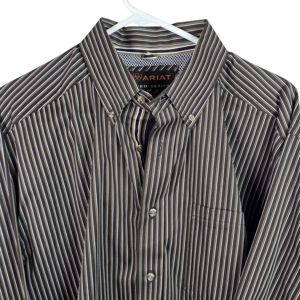 Ariat Pro Series Shirt Mens Large Brown Striped Good LS Button Down Mesh Yoke